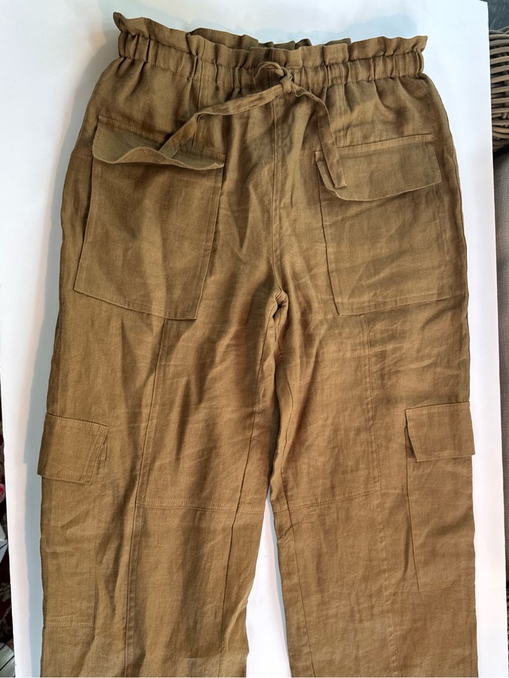 💯 Linen Magaschoni Women’s Cargo Pants Tan Brown Elastic Waist Balloon Leg Sm